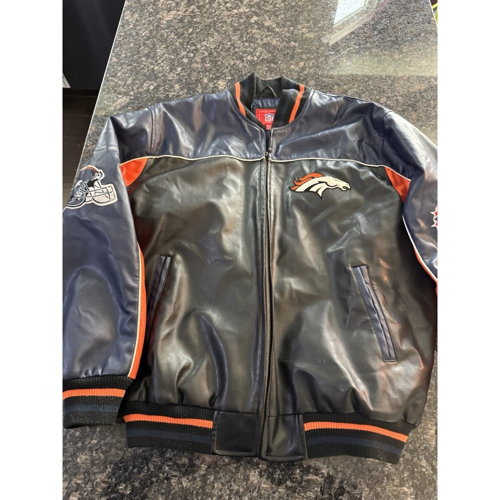 NFL Denver Broncos Faux Leather Bomber Jacket Vintage‎ Insulated Coat Licensed